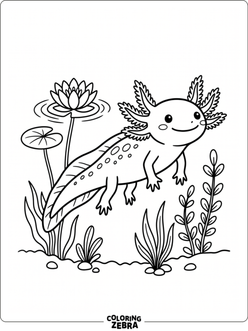 A simple axolotl outline with pond plants