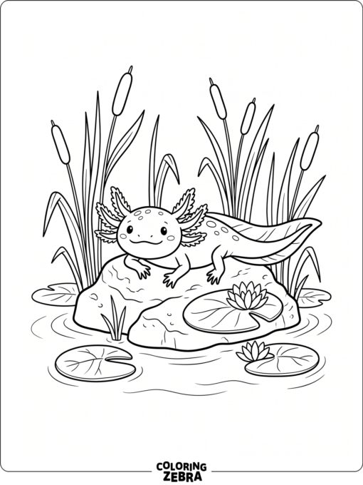 A cute axolotl resting on a rock near lily pads