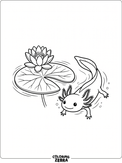 A simple axolotl with frilly gills beside a lily pad