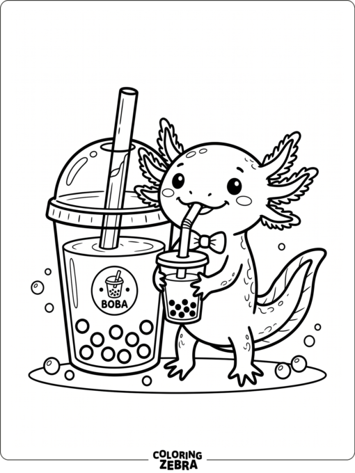An axolotl sipping boba from a cup