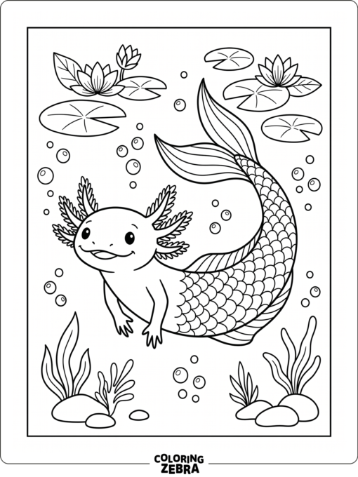 An axolotl wearing a mermaid tail near lily pads