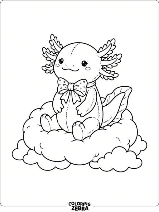 A plush axolotl with a bow on a cloud pillow