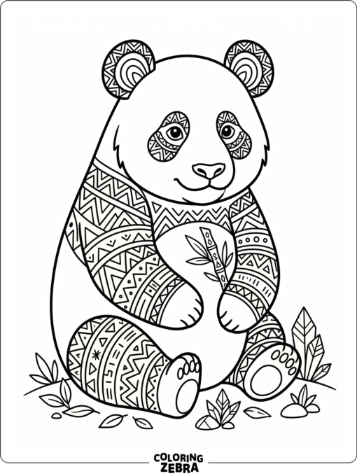 A panda with geometric tribal patterns on its fur