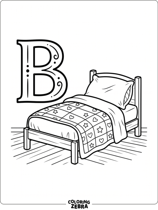 Una cama con una almohada junto a una gran letra B