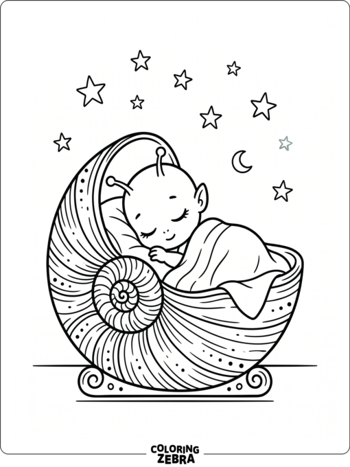 A baby alien sleeping in a shell cradle