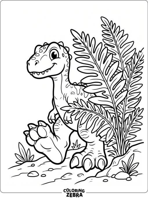 A baby allosaurus peeking out beside a fern
