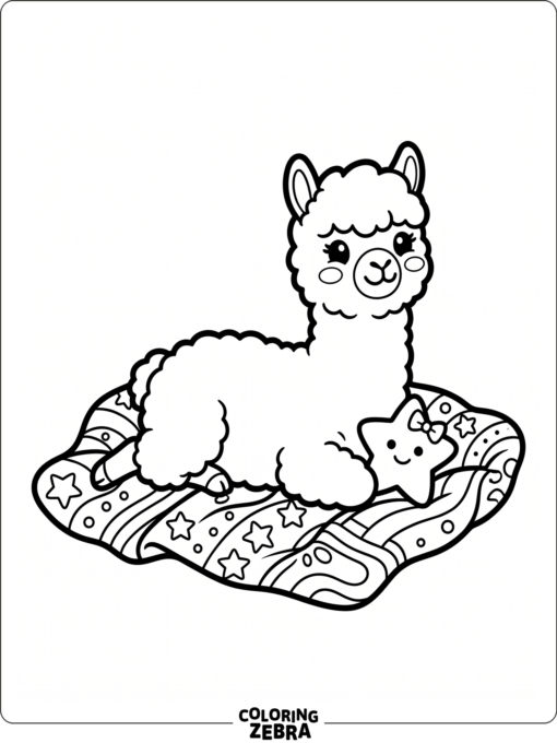 A baby alpaca resting on a blanket with a star toy