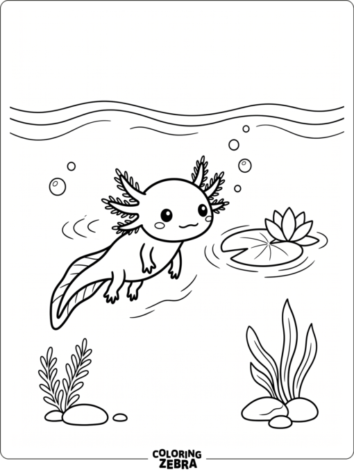 A baby axolotl swimming near a water lily