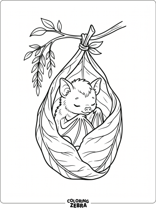 A baby bat resting in a leaf cradle