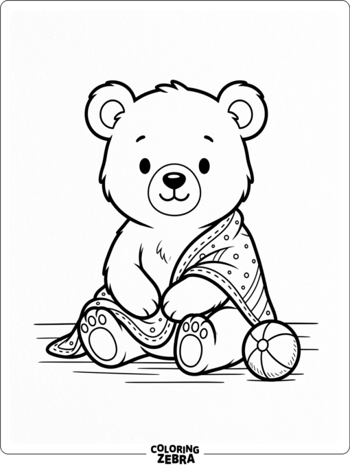 A baby bear sits with a blanket and a toy ball