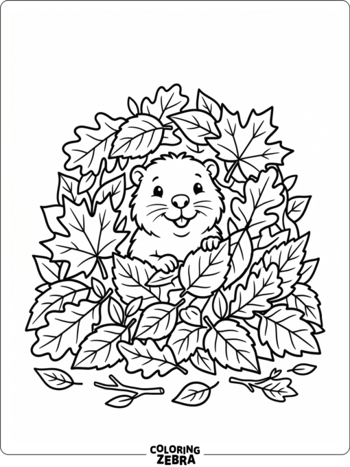 A baby beaver peeking out from leaves