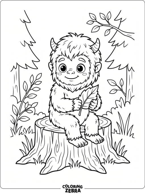 A baby bigfoot sits on a stump with a leaf and a clean forest background.