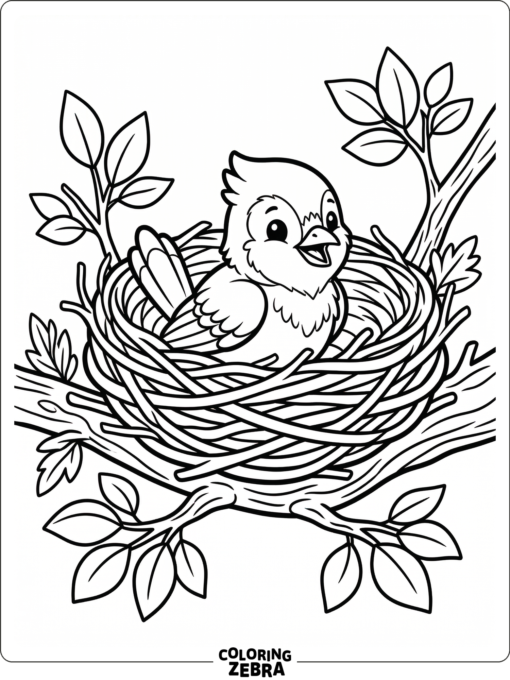 A baby blue jay peeking out of a nest