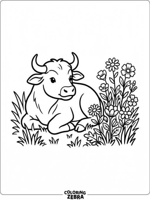 A baby buffalo resting in grass beside a small wildflower patch