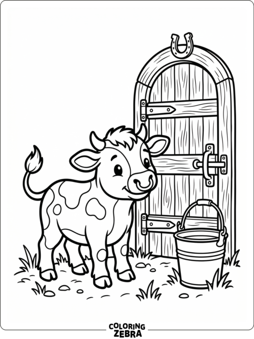 A baby bull calf near a bucket and barn door