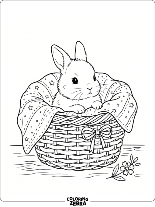 A baby bunny peeking from a basket