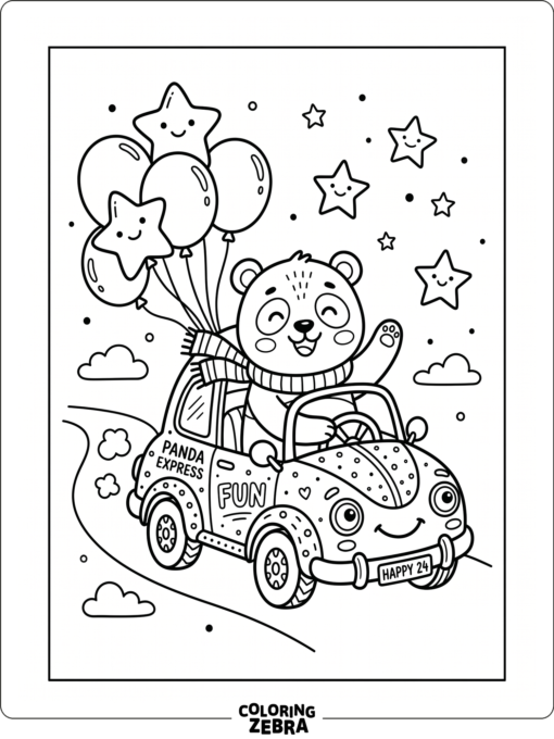 A panda riding in a cartoon car with balloons