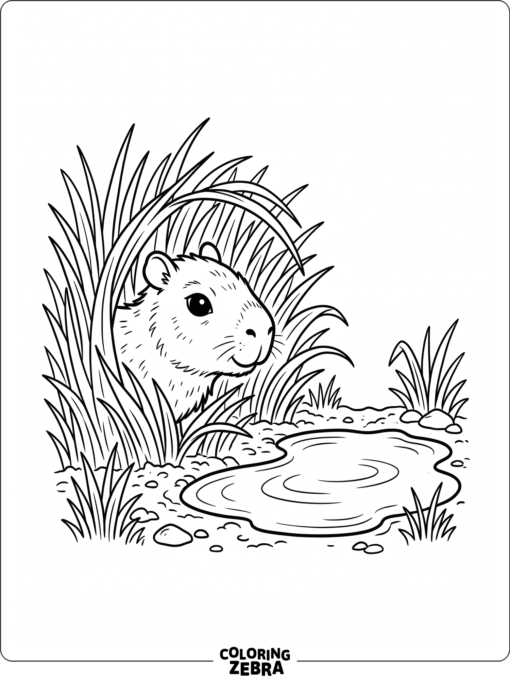 A baby capybara peeking from grass near a puddle