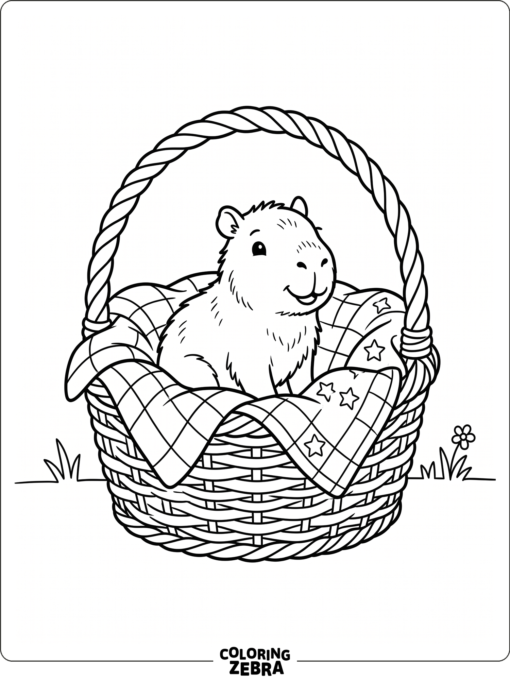 A baby capybara sitting in a basket