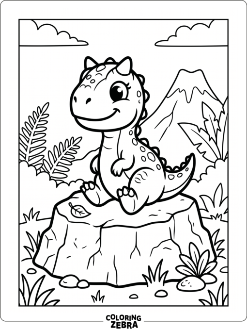 A baby carnotaurus sitting on a rock with a leaf beside it