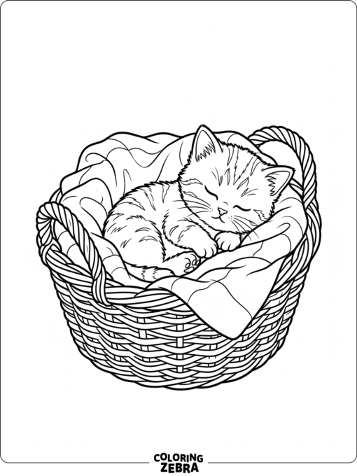 A tiny baby cat rests in a basket with a blanket