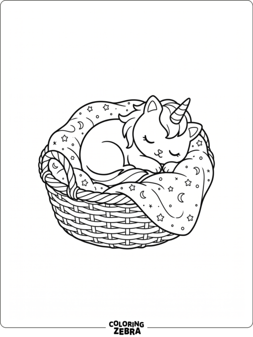 A baby caticorn curled up in a basket