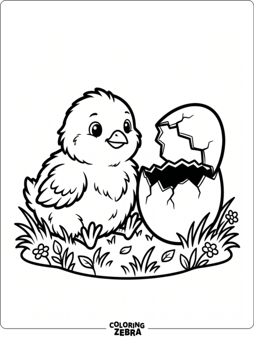 A fluffy baby chick beside a cracked egg