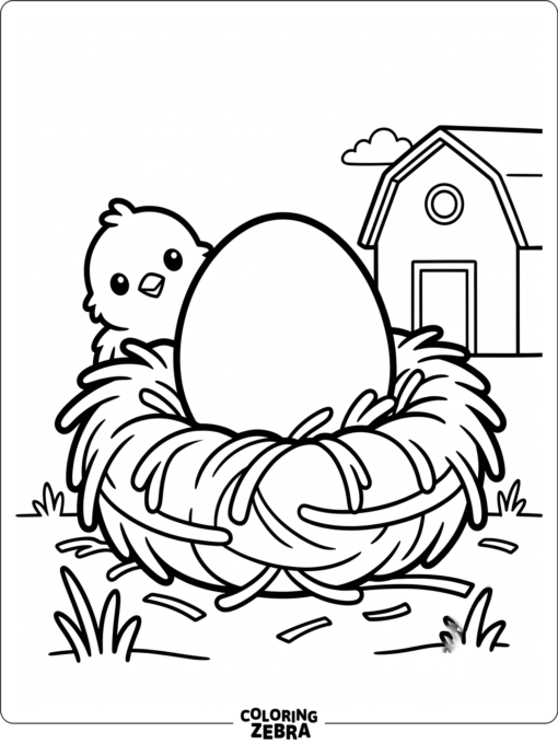 A baby chicken peeking from a straw nest