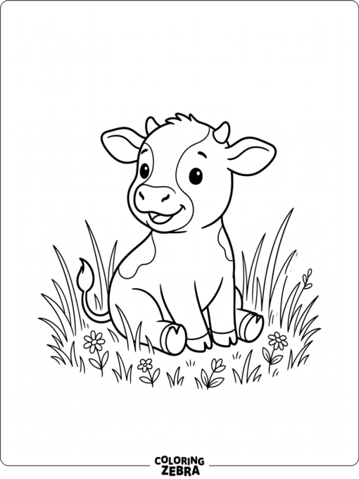 A baby calf sits in grass with a tiny tail and rounded ears.