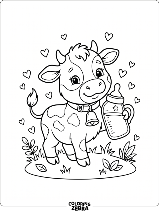 A baby cow with a bottle and tiny hearts