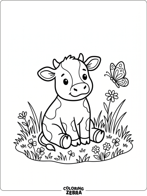 A baby cow sitting on grass near a butterfly