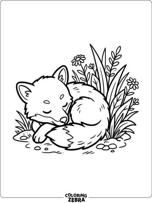 A baby coyote curled up beside a patch of grass