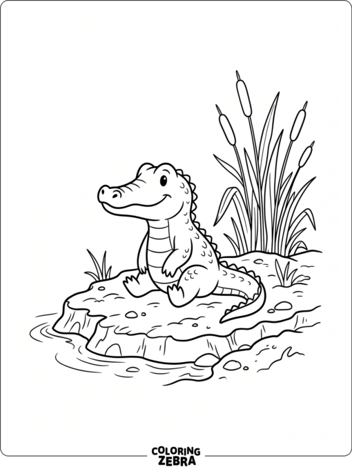 A baby crocodile sitting on a muddy bank