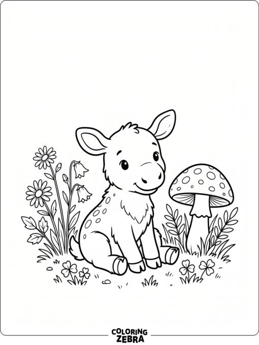 A baby moose sitting beside flowers and a mushroom