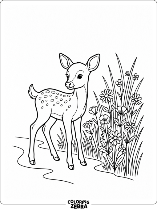 A baby deer stands near flowers and grass