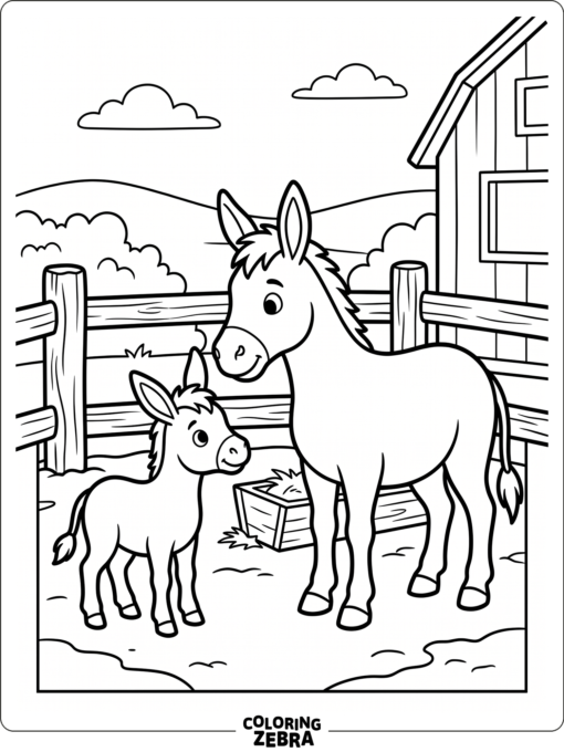 A baby donkey standing beside its mother