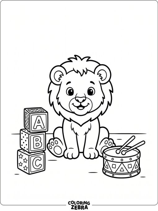 A baby lion with blocks and a toy drum