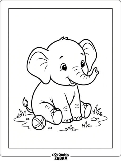 A baby elephant sitting beside a ball