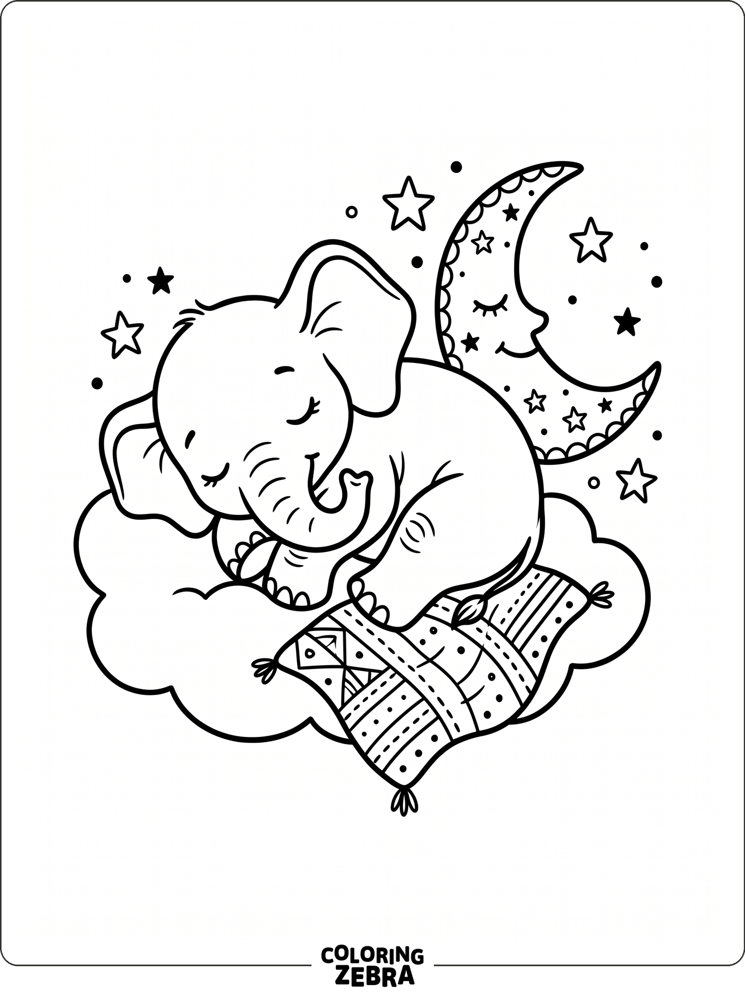 A sleeping baby elephant with a moon