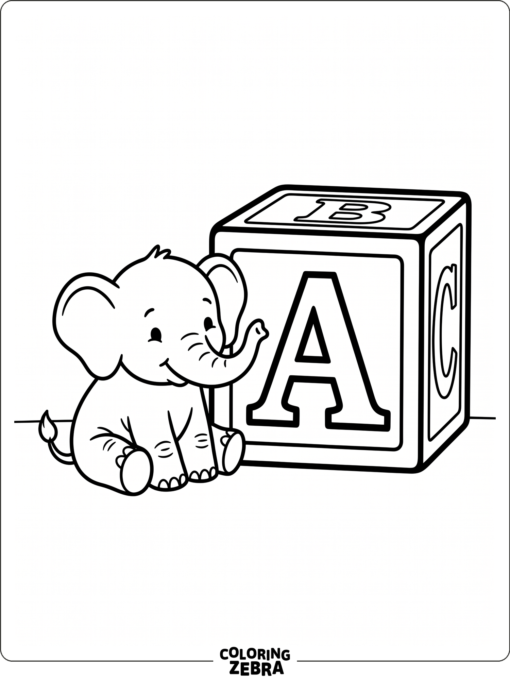 A baby elephant beside an alphabet block