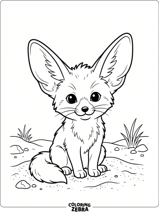 A baby fennec fox sits in the sand