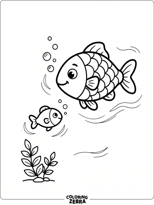 A baby fish swimming beside a parent fish