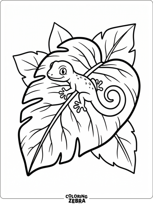 A tiny baby gecko sits on a leaf with a curled tail