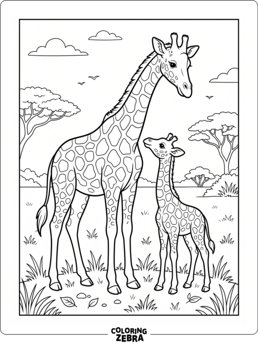 A baby giraffe stands beside its mother on grass