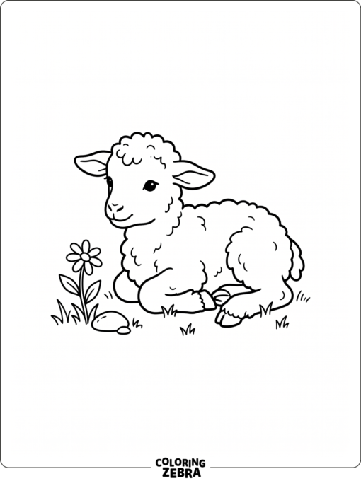 A baby goat resting beside a flower