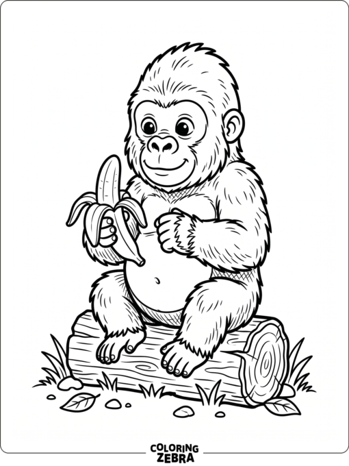 A baby gorilla holding a banana on a log