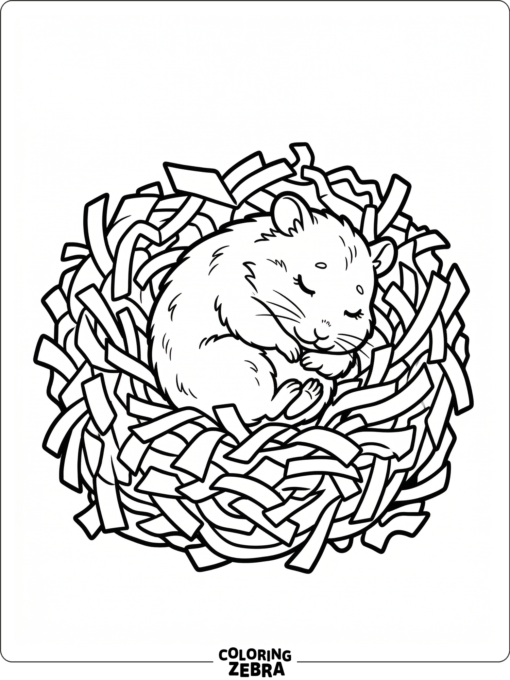 A tiny baby hamster curled up in a soft nest