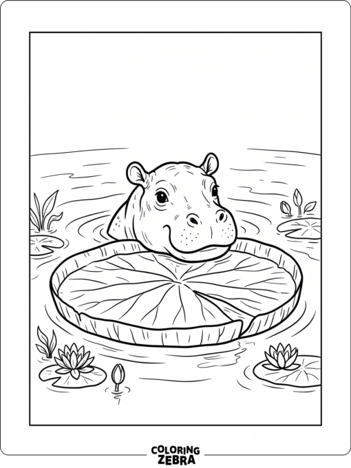 A baby hippo peeking over a lily pad