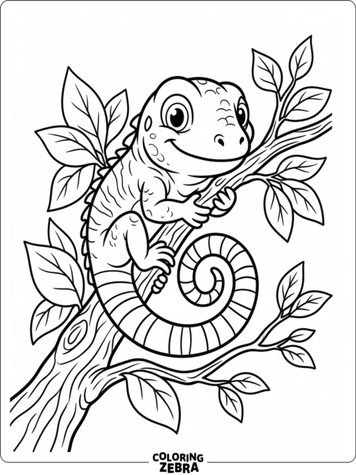 An iguana lizard curled on a branch with a long striped tail