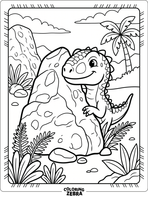 A baby indominus rex peeking from behind a rock